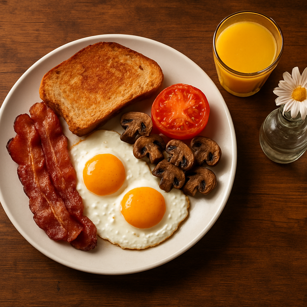 A full big breakfast plate with eggs, bacon, toast and mushrooms