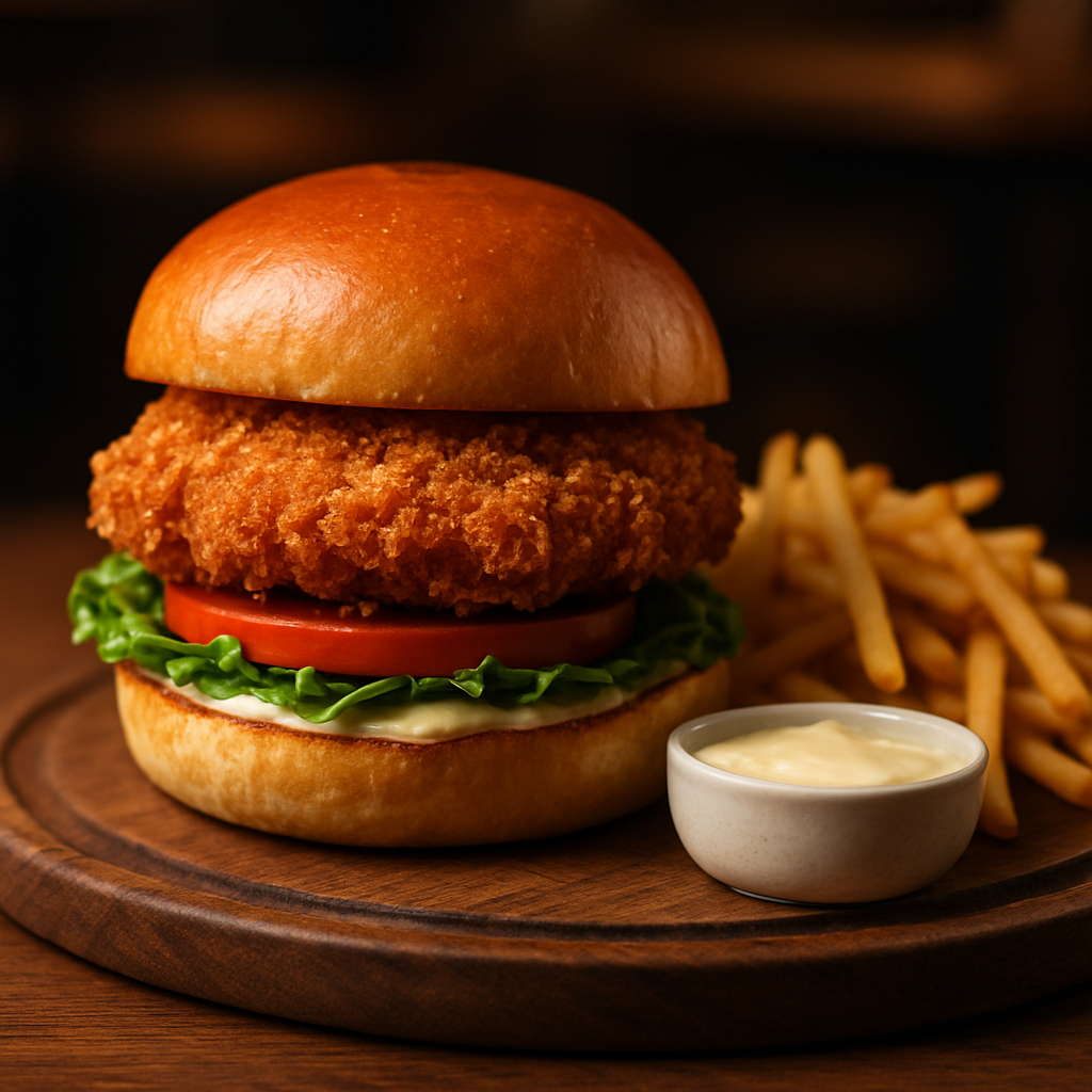A gourmet chicken burger served on a wooden board with fries
