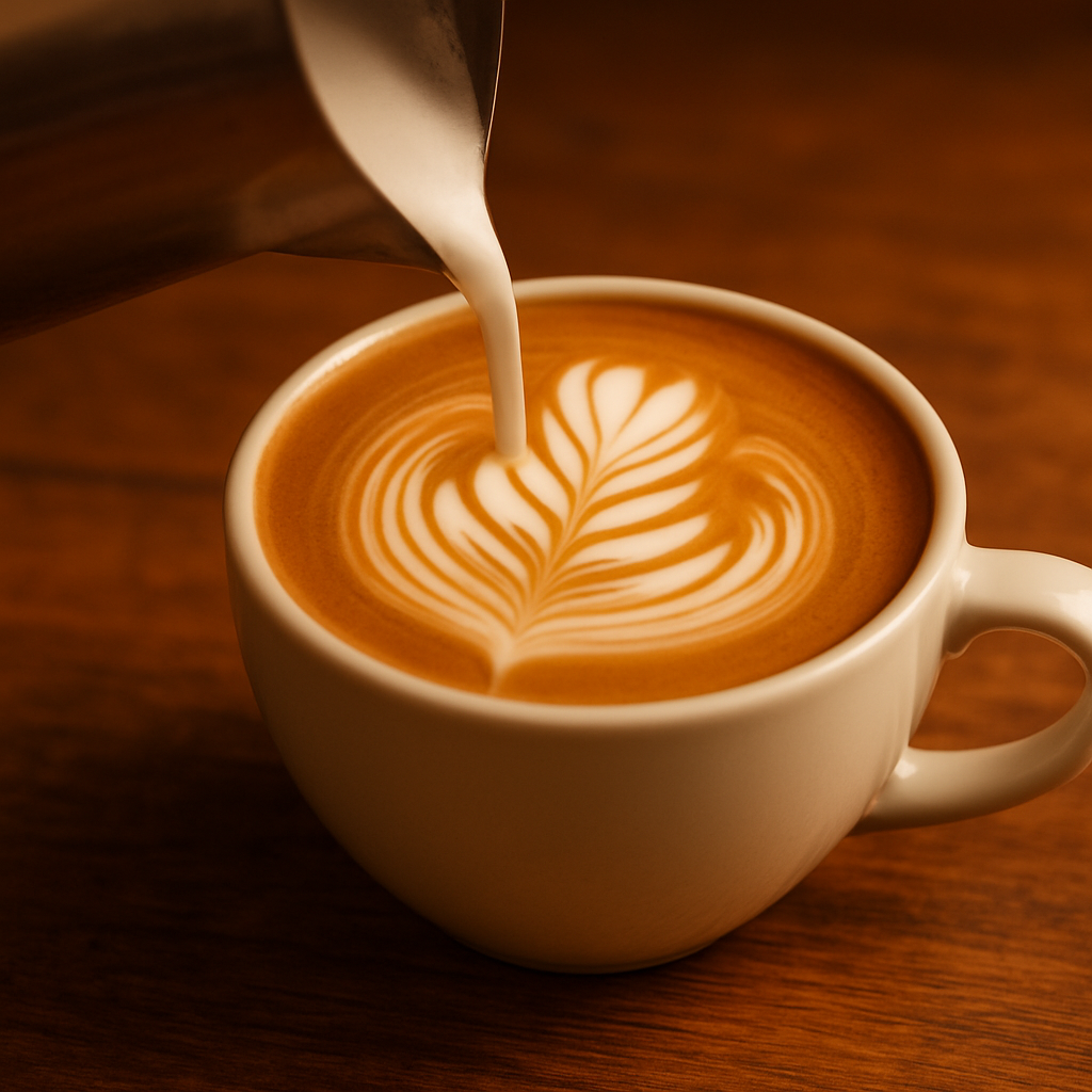 A beautifully crafted latte with rosette art at Sugarbaby Espresso