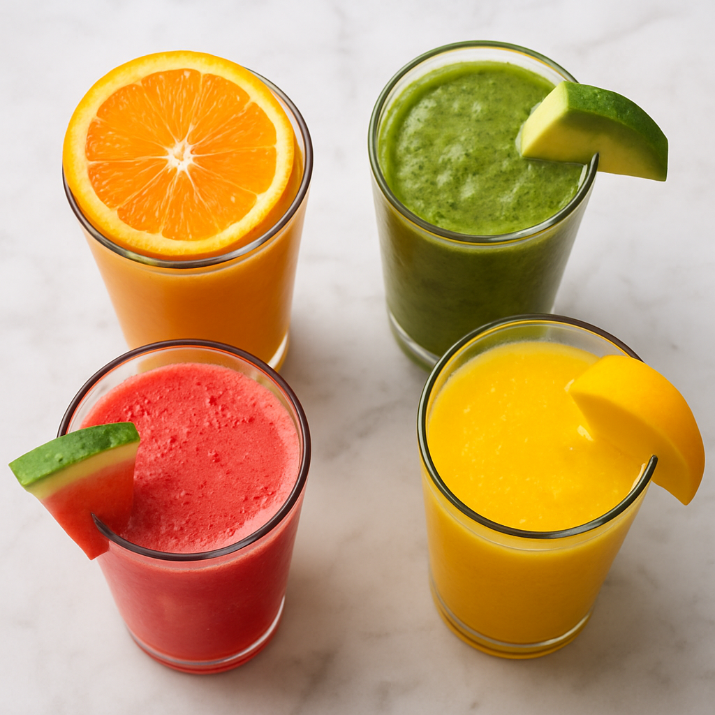 Colourful fresh juices and a green smoothie in tall glasses